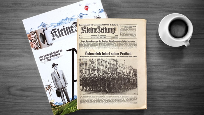 Zeitung auf Tisch mit einer Kaffeetasse